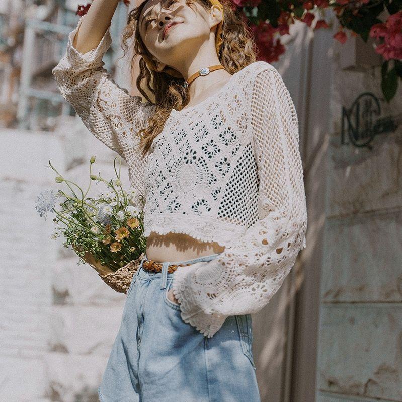 Women's Hollowed Out Cover-up Short Section Waistless Seaside Holiday Sun Shirt Long-sleeved Bohemian