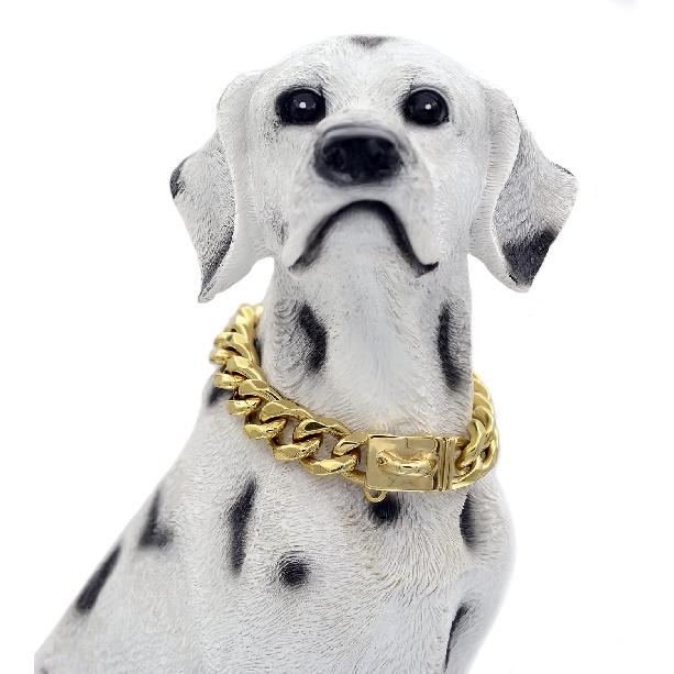 18K Gold Dog Chain Collar Walking Metal Chain Collar with Design Secure Buckle, Cuban Link Strong Heavy Duty Chew Proof for Dogs (18")