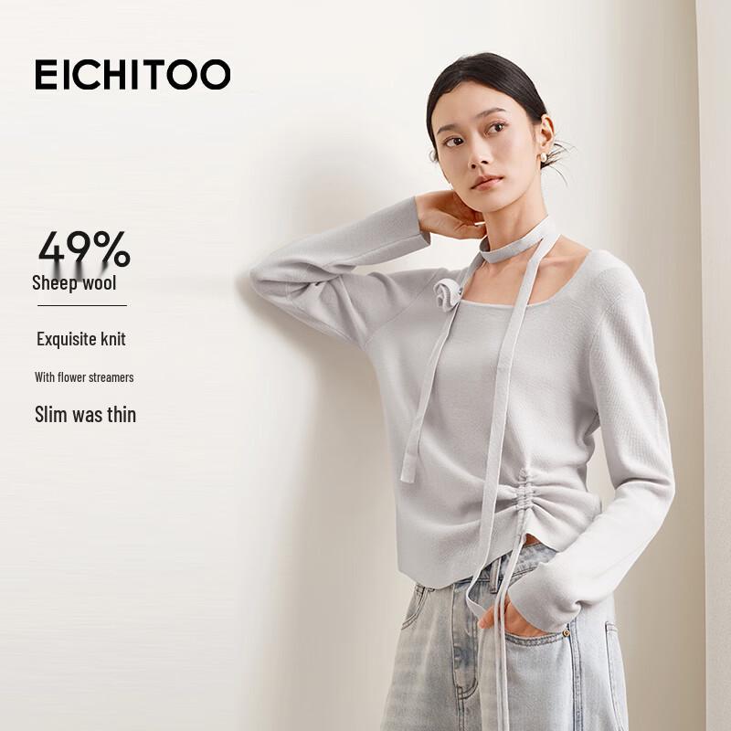 EICHITOO Women s Elegant Slim Fit Knit Sweater with Floral Ribbon S