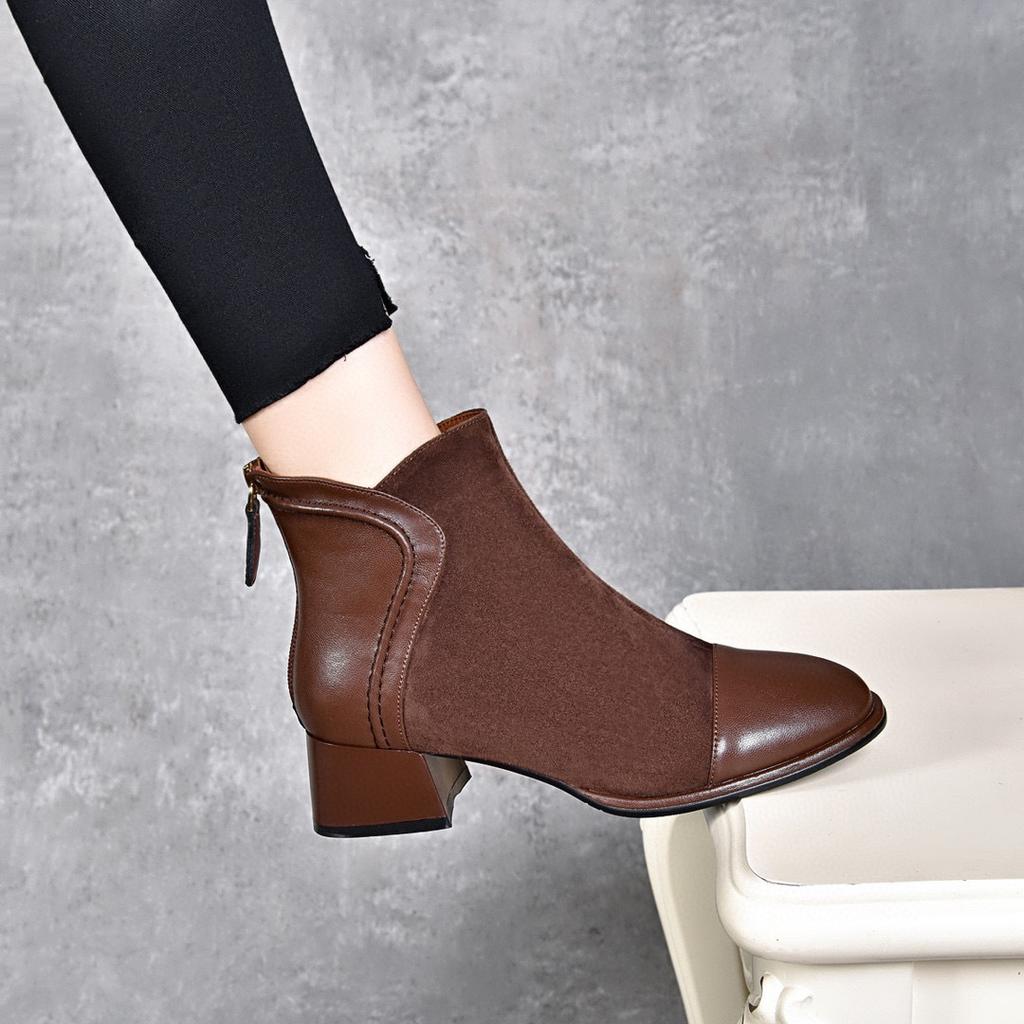 Kurze Stiefel Damen Ritterstiefel Lederstiefel Grober Absatz Reißverschluss hinten Modestiefel Schafsleder Skinny Stiefel