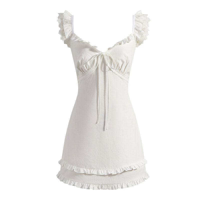 Sweet and Gentle French Lotus Leaf Edge Small Flying Sleeves White Suspender Dress Women's Summer Temperament Thin First Love Small White Dress