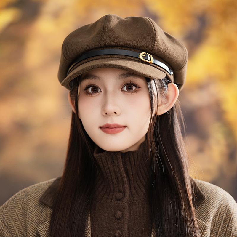 Japanese Versatile Belt Buckle Beret Lady FallSeason and ColdSeason DailyWear British Style Octagonal Hat Big Head Circumference BrandNews Baby Hat