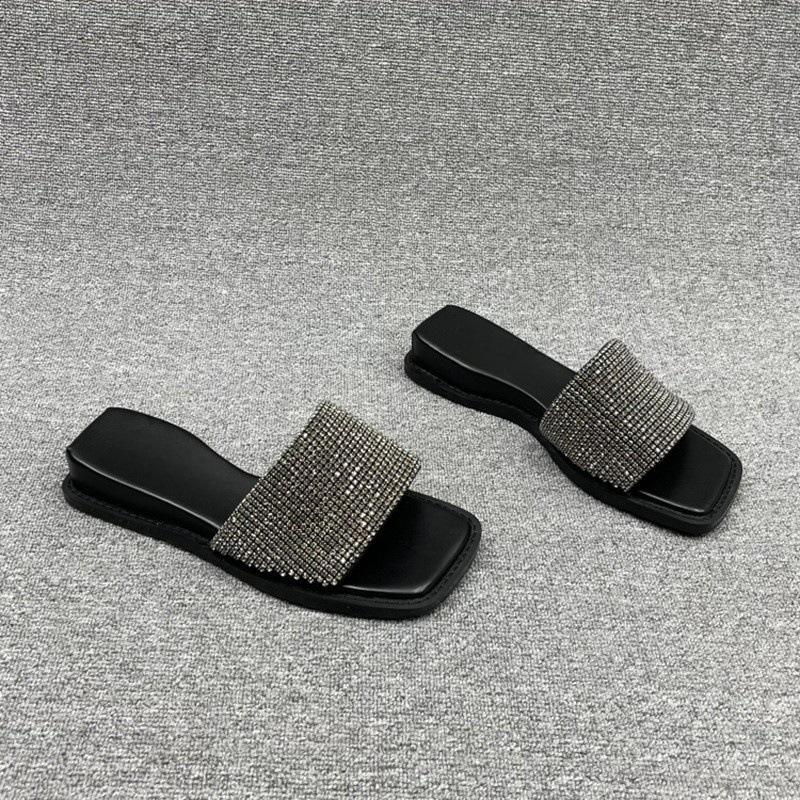 European Station Women's Shoes 2025 Summer New European Products Laikab Rhinestone Slope Heel Open Toe One-word Slippers Women