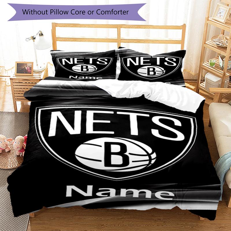 3pcs Custom Name Brooklyn Nets Bedding Set Duvet Cover Closure Includes 1 Duvet Cover & 2 Pillowcases, Soft and Comfortable for All Seasons.