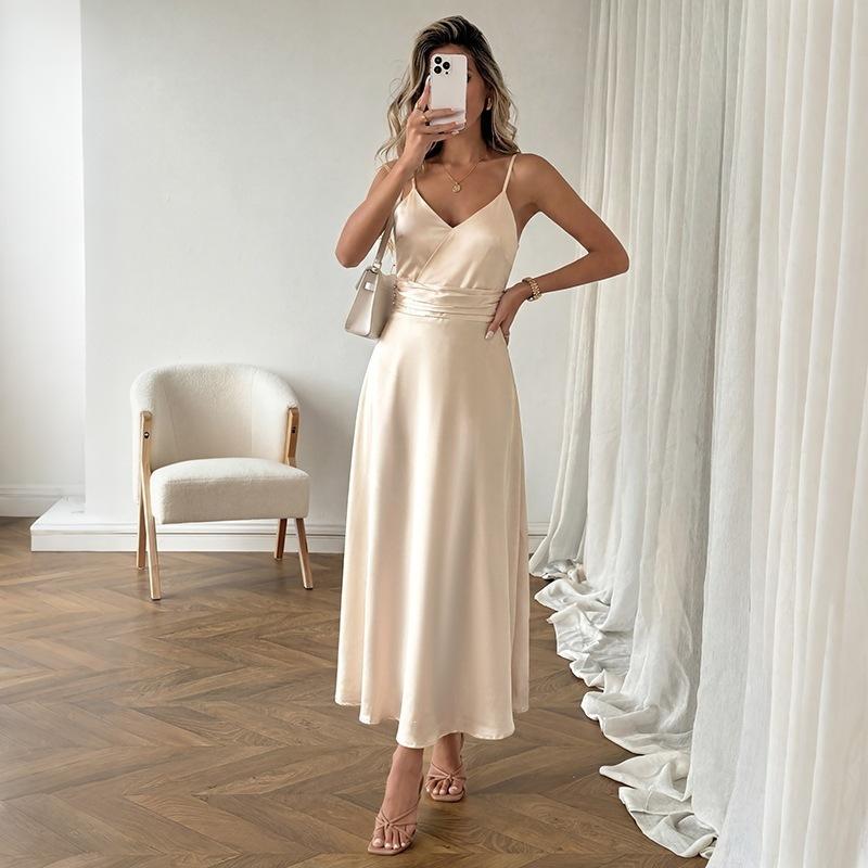 Summer New Dress Sleeveless Suspender Dress European and American Satin Waist Temperament Long Dress Women S