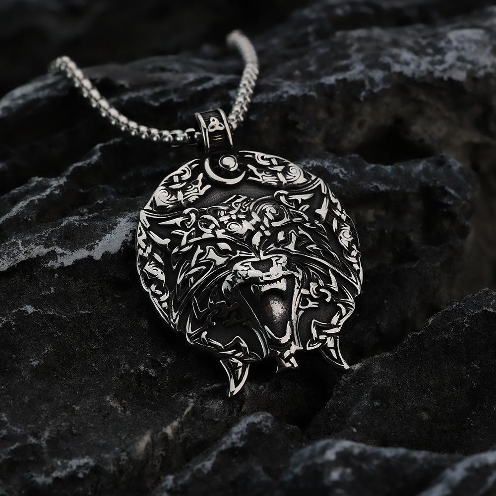 Vintage Stainless Steel Men's Viking Wolf Head Pendant Necklace