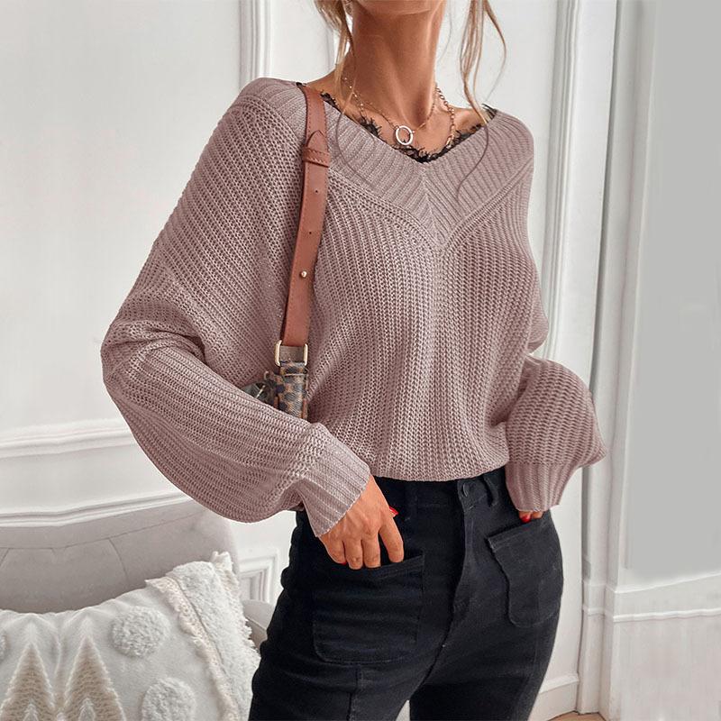 Autumn New Clothing Patchwork Lace Pullover Solid Color Knitted Sweater for Women