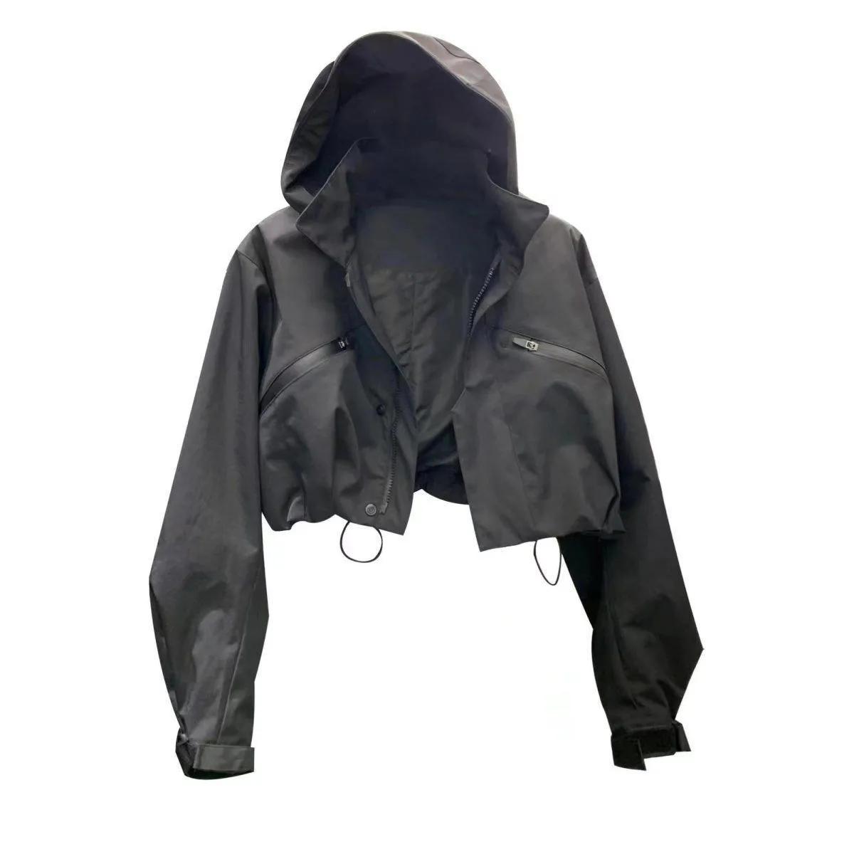 

Модная короткая куртка с капюшоном Весенняя черная свободная мотоциклетная куртка Женская уличная ветровка Короткое базовое пальто XL