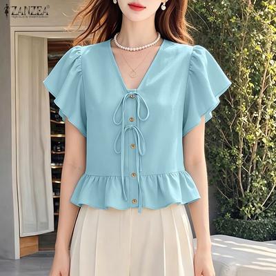 Blusa suelta informal para mujer con cuello en V, color liso, volantes, manga corta