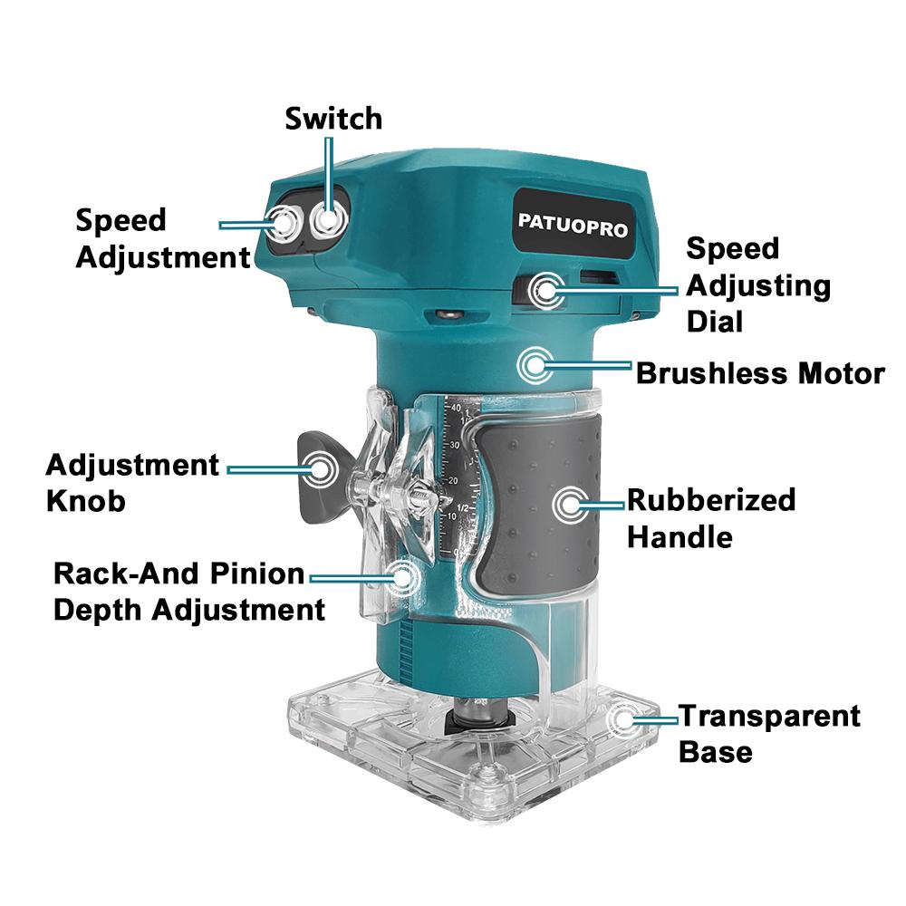 PATUOPRO 5-Speed Brushless Electric Trimmer Cordless Router Slotting Circling Carving Trimming Power Tool For Makita 18V Battery