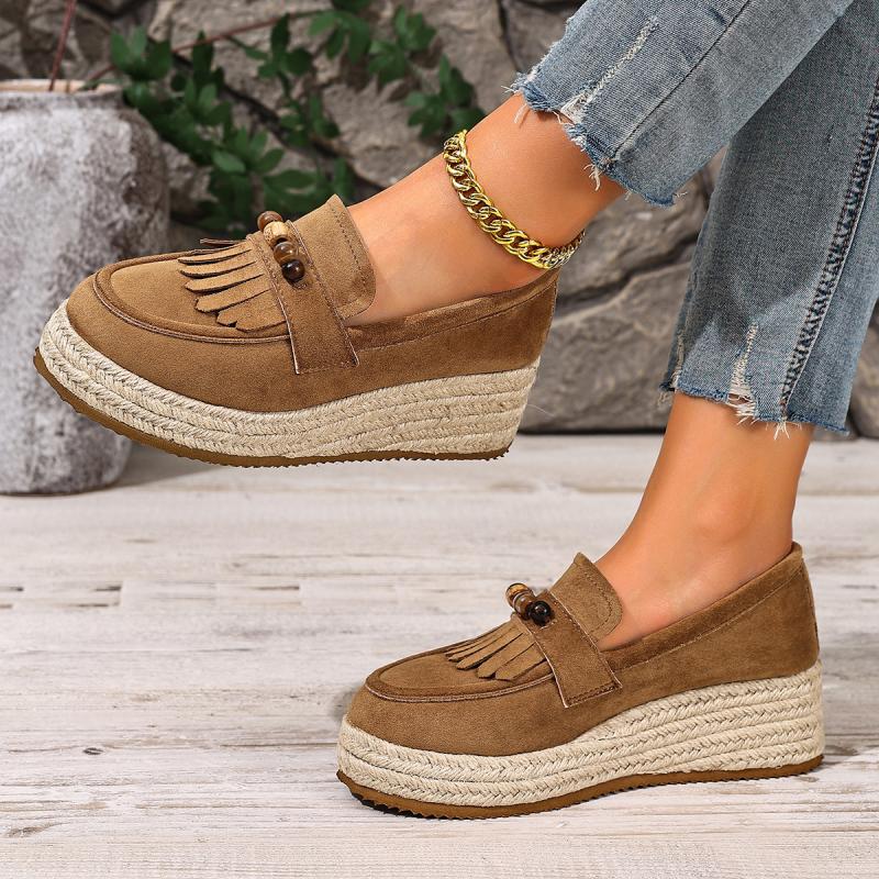 Mocassini da Donna Autunnali Comodi con Zeppa in Canapa, Decorazione Colorata con Perline Boemia, Nappine alla Moda, Scarpe Slip-On in Suede