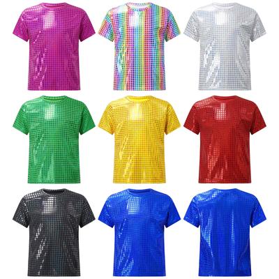 Boys Girls Shiny Plaid Sequins T-shirt Unisex Kids Short Sleeve Shirts Tops Cheerleading Street Dance Choir Stage Performance