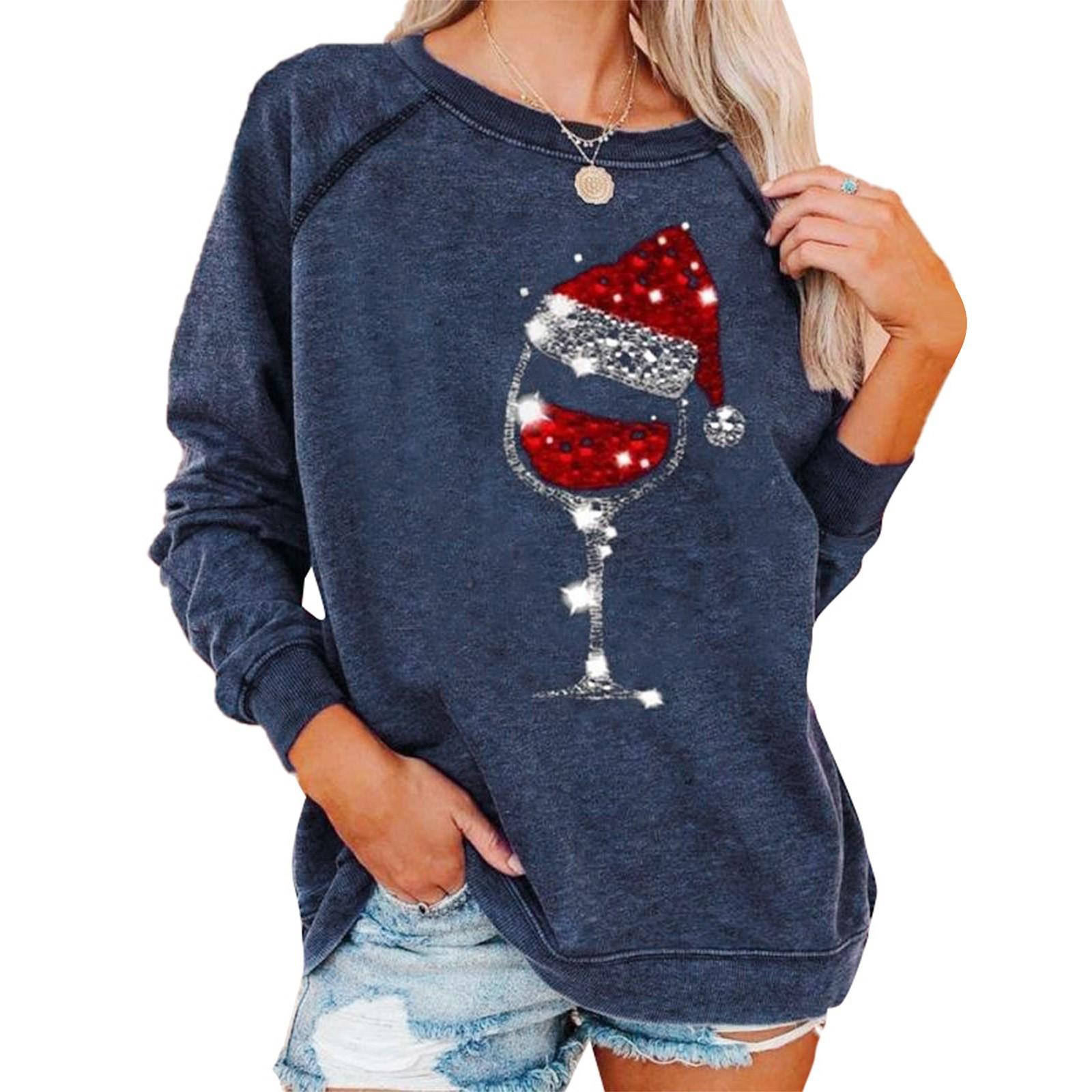

Fashion Womens Leisure Print Long Sleeve Round Neck Casual Loose Tops XL синій