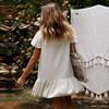 Elegant V-Neck Ruffles Mini Dress Women Short Sleeve Button Solid Beige Casual Spring Summer S-XL