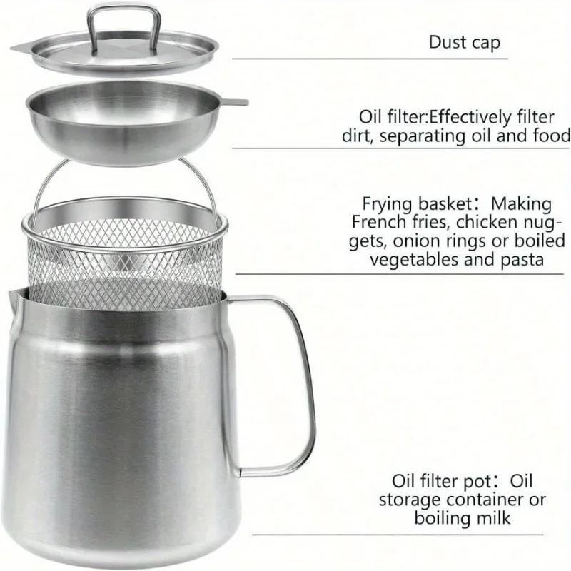 304 Stainless Steel Oil Filter Pot with Strainer Deep Fryer Basket for Kitchen Multi-function Frying Net Tank Grease Container