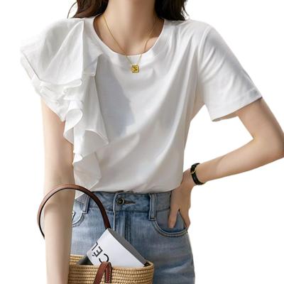 Short Ruffled Different Switching Crew Body Loose Quick For Summer [HuuMeNEIDOO] Women's T-shirt, Sleeve, Asymmetrical, Sleeves, Material, Tops, Neck,