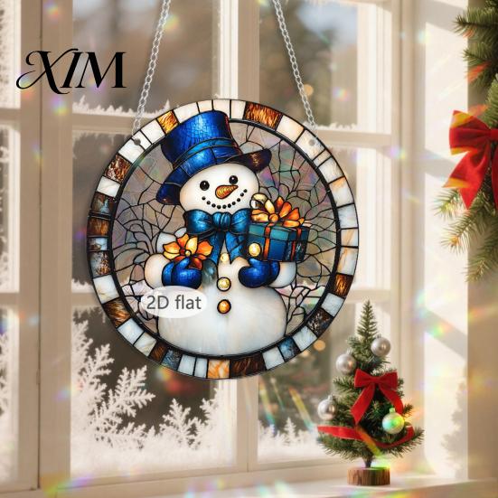 Durable Acrylic Holiday Signage Christmas 2D Hanging Ornaments, Stained Glass Style Snowman Santa Snowflake Colorful Window Decorations Hanger