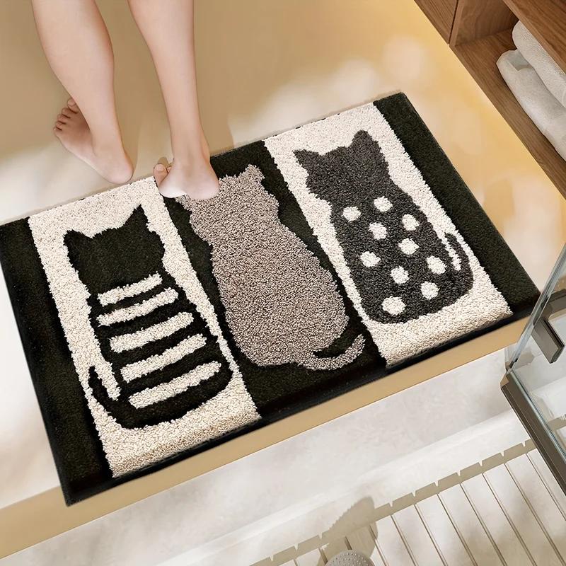 Cute Cat Print Bathroom Mat Non-Slip Absorbent Quick Dry Stain Resistant Washable Soft Durable Floor Rug for Home