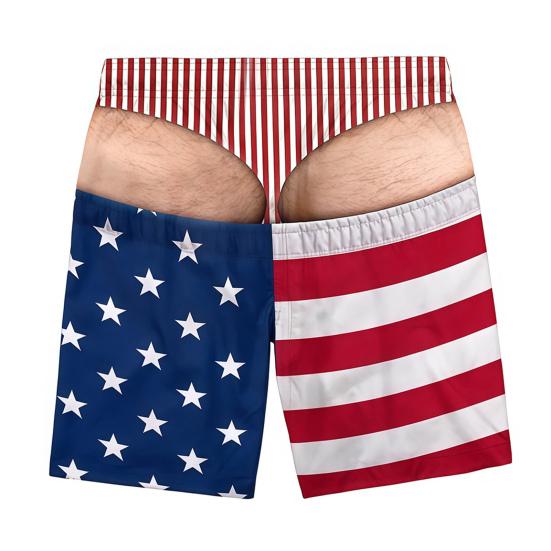 Activewear for Water Sports Men Hairy Booty Shorts, 3D Butt Print Beach Elastic Waist Board Shorts Funny Patriotic Swim Trunks Summer Vacation