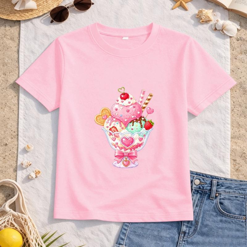 Girls Heart Sundae Ice Cream Print Crewneck Short Sleeve Tee, Soft Breathable Top for School Travel Daily
