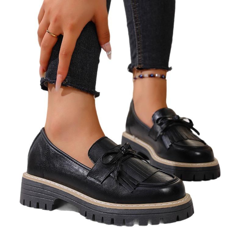 New Large-sized Loafers, Fringed Chunk-heeled Leather Shoes for Women