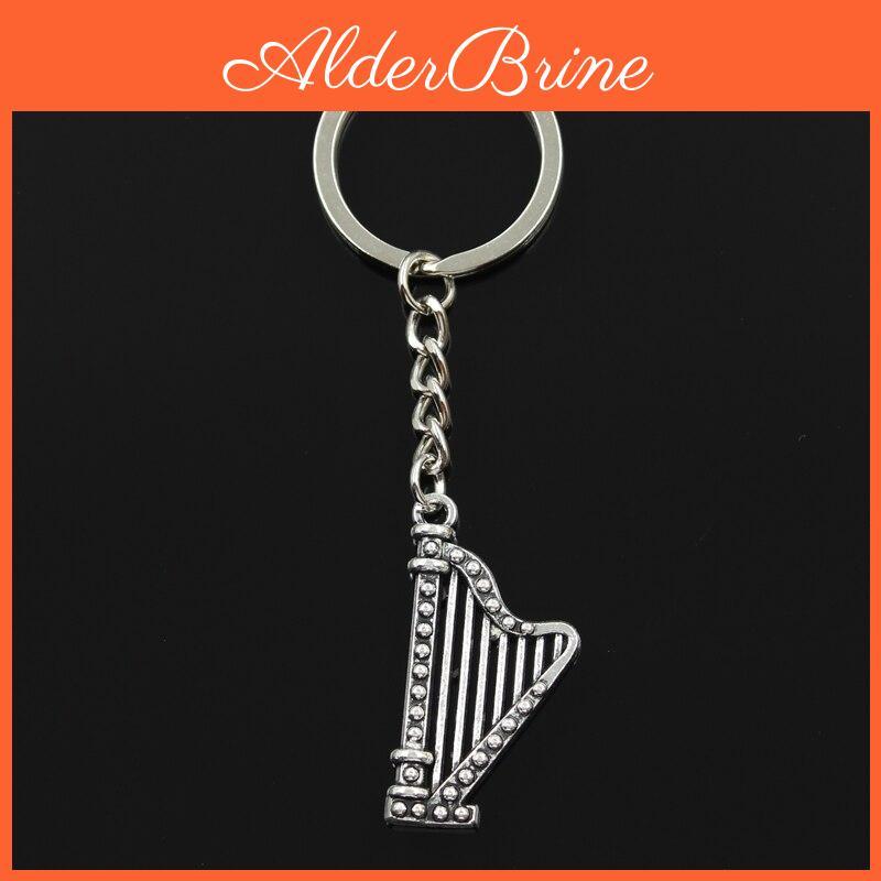 Fashion Ring Key 30mm Metal Key Chain Keychain Jewelry Antique Bronze Plated Harp Musical 40x21mm Pendant