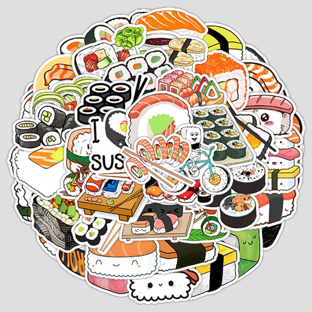 50 Adesivi Sushi Carini Stile Fresco per Quaderni, Valigie o Borracce