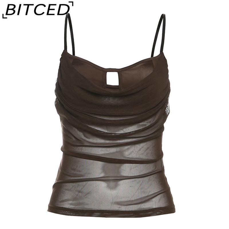 

BITCED Весенний женский однотонный облегающий уличный стиль, модный топ-майка на бретелях-спагетти, сетчатая спинка без бретелей L темно-коричневого