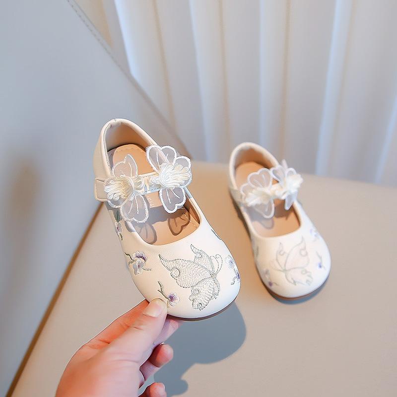Girl Leather Shoes Mary Jane Sweet Embroider Butterfly Children Hanfu Performance Single Shoes Fashion Kids Princess Dress Shoes