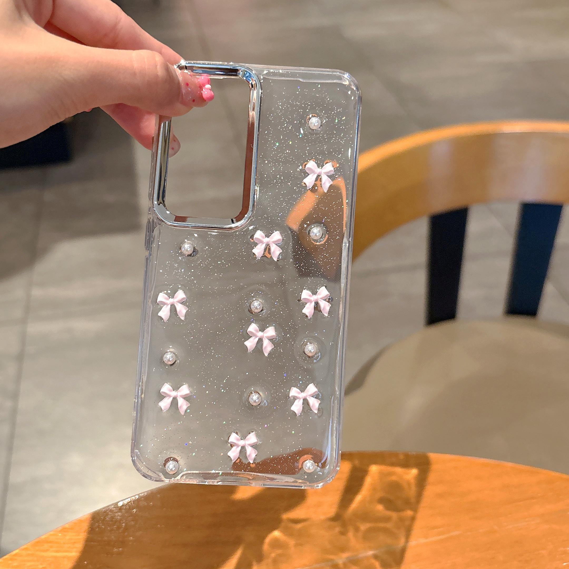 

Cute 3D Pink Bowknot Pearl Clear Glitter Case For Samsung S25 S24 S23 Ultra Plus FE A56 A36 A26 A16 A55 Lens Ring Bumper Cover Galaxy A56