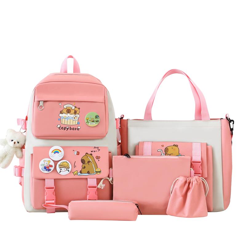 Pięcioczęściowy Zestaw Plecaków Dziewczęcy Plecak Płócienny z Kreskówką Chilren Plecak Szkolny o Dużej Pojemności dla Uczniów Szkoły Podstawowej