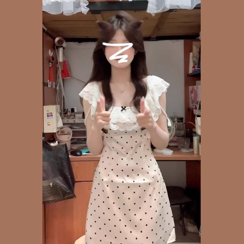 Polka Dot French Suspender Dress Summer Skirt Cookies New Mousse Small Lace Sweet Waist Skirt