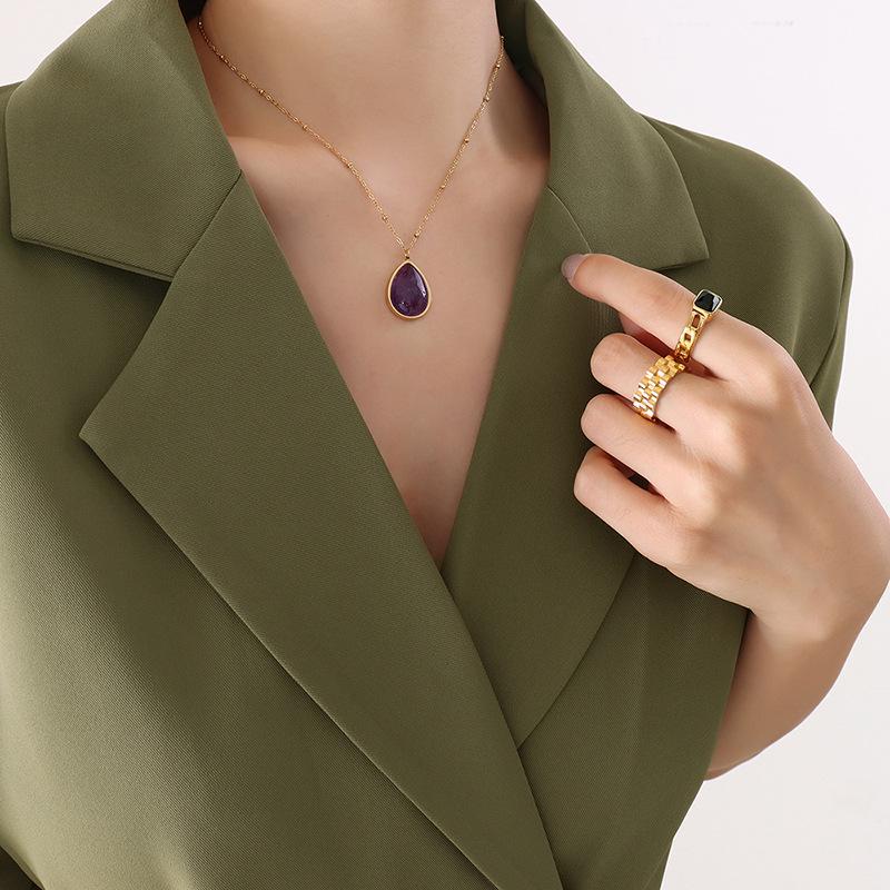 Korean Style Teardrop Oval Pendant Necklace, Natural Raw Stone, Clavicle Chain, Gold-Plated Titanium Steel