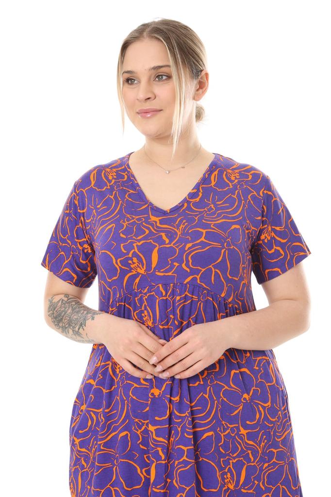 Women's Big Size Dress Purple Floral Pattern V-Neck Short Sleeve Ruffle Robe Dress