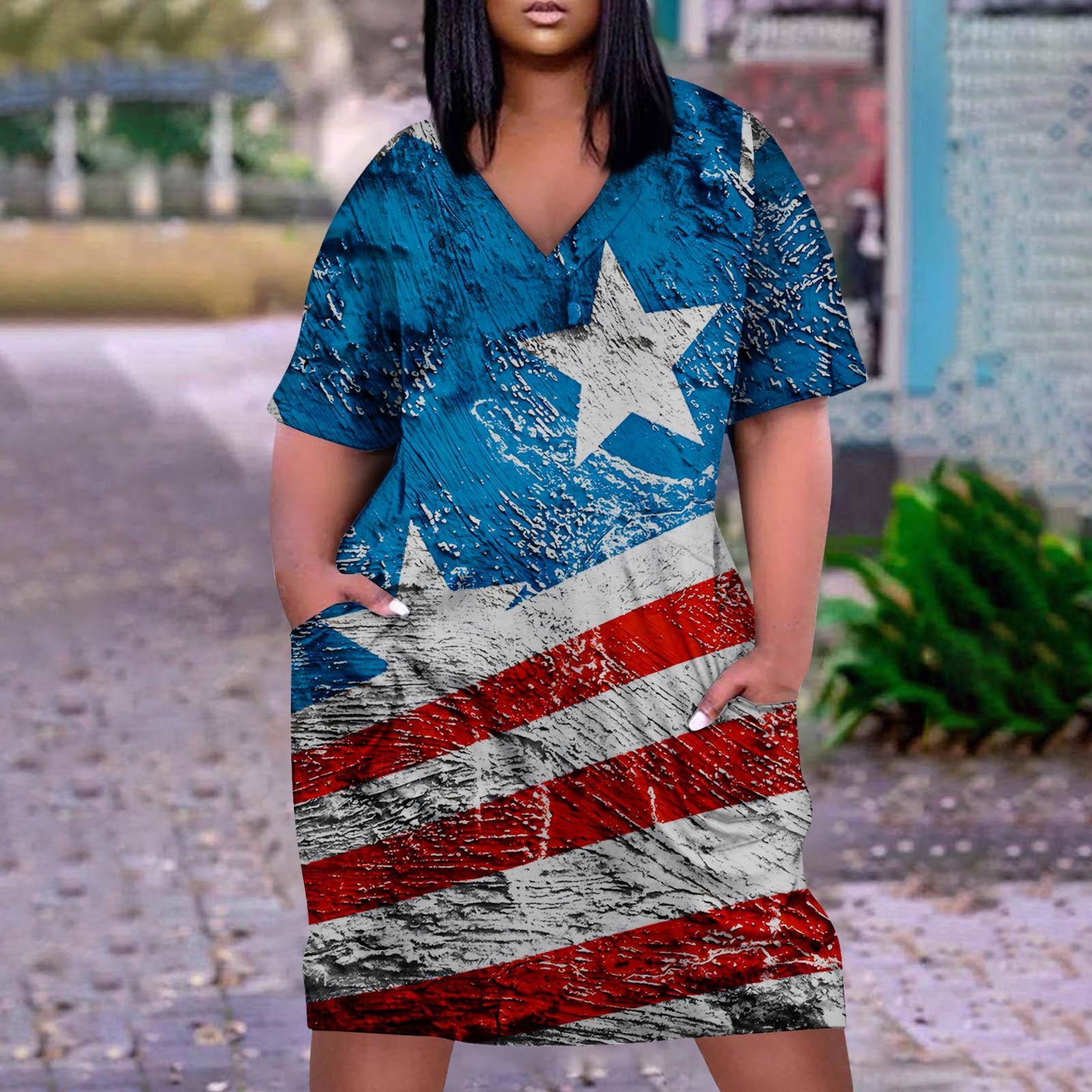 

Женское летнее повседневное платье больших размеров с v-образным вырезом и короткими рукавами, принтом в честь Дня независимости и карманом до колена XXXXXL