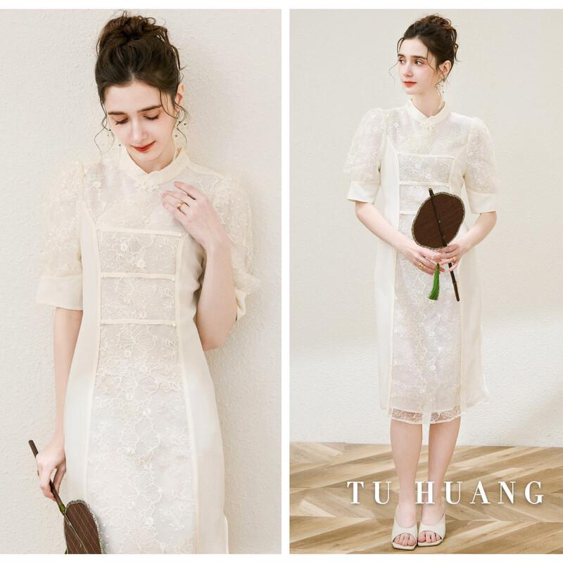 TuHuang Mulberry Silk New Chinese Style Lace Embroidered Cheongsam Dress