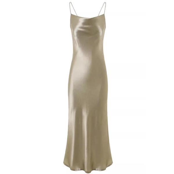 Champagne Satin French Summer Dress with Sway Collar and Spaghetti Straps