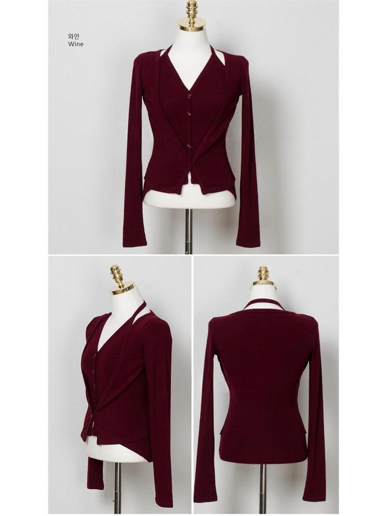 Korean Style Strappy Halter V-Neck Two-Piece Cardigan & T-Shirt Set for Women