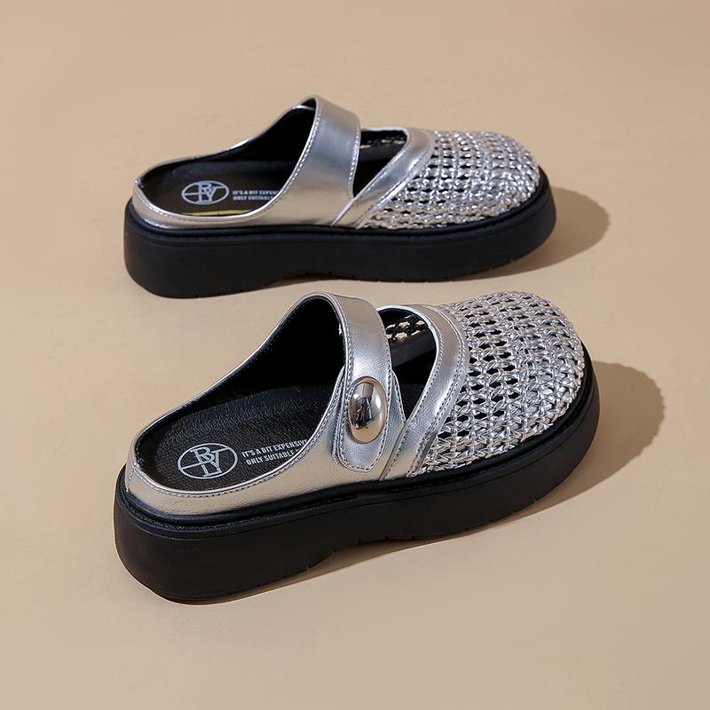 Fashion CRLAYDK Mules for Women Summer Breathable Slip On Shoes Knit Walking Platform House Slippers Ladies Closed Toe Casual Slides