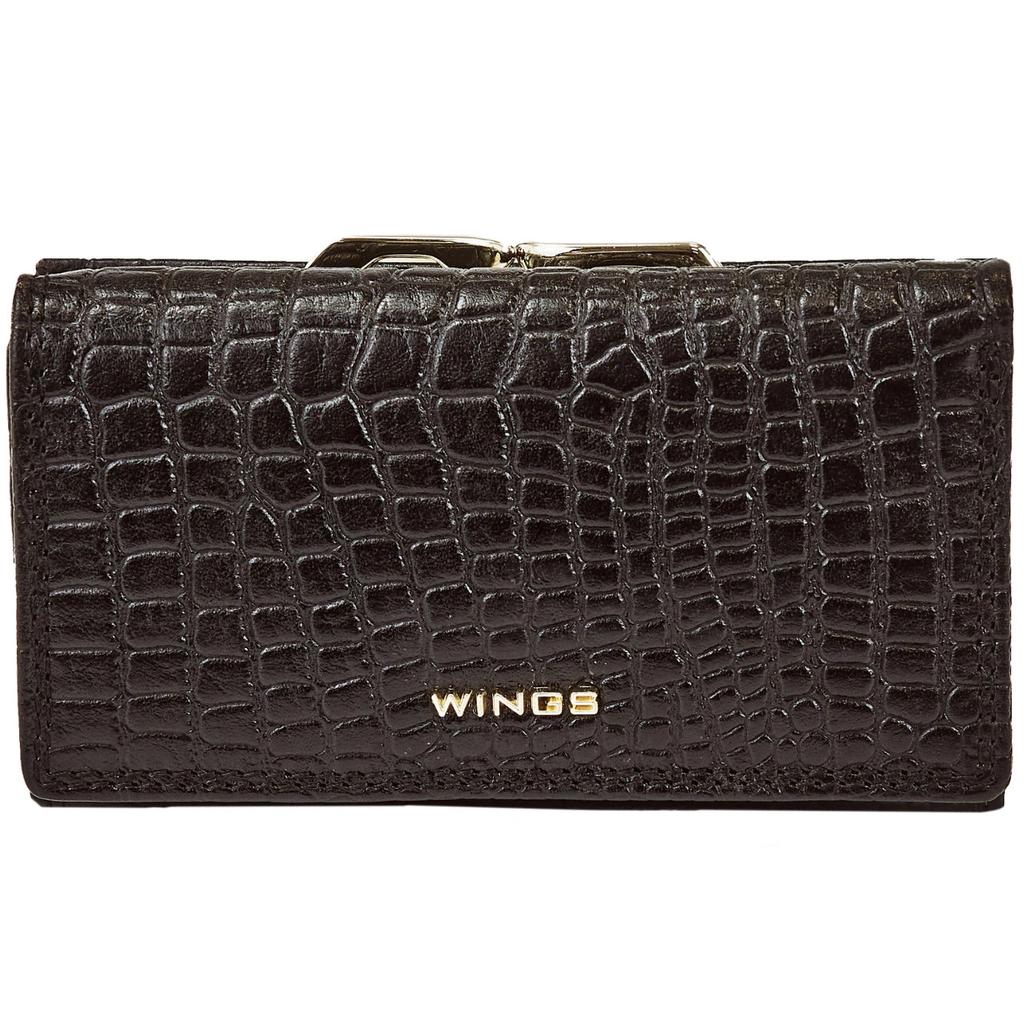 Women' Leather Wings Wallet with RFID Protection and a Roomy Interior in Croco Black