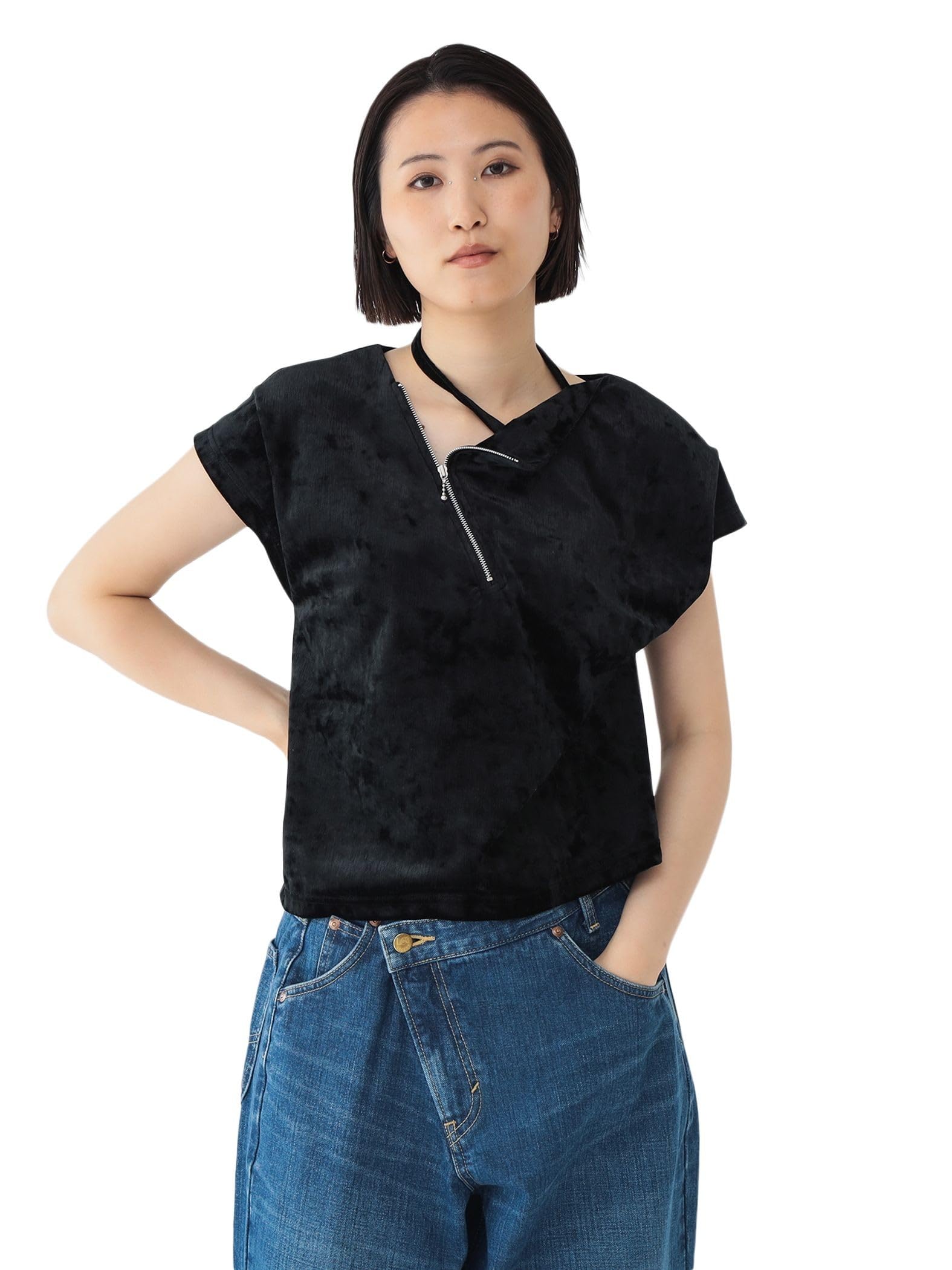 

Beams Boy S/S TEE Maturely Velvet Zipper Top Women s Black 1