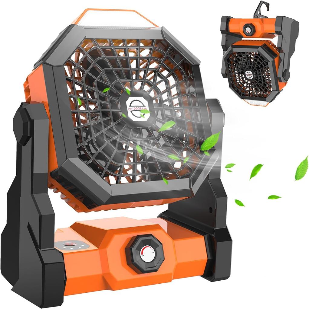 Camping Fan with LED Lantern, Rechargeable Battery Powered Fan with 270°Head Rotation, Stepless Speed for Picnic,Fishing, Travel