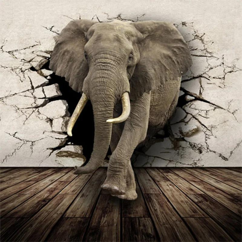 3d Broken Wall Elephant Rhinoceros Photo Mural Wall Paper For Kids Bedroom Living Room Decor Wallpaper