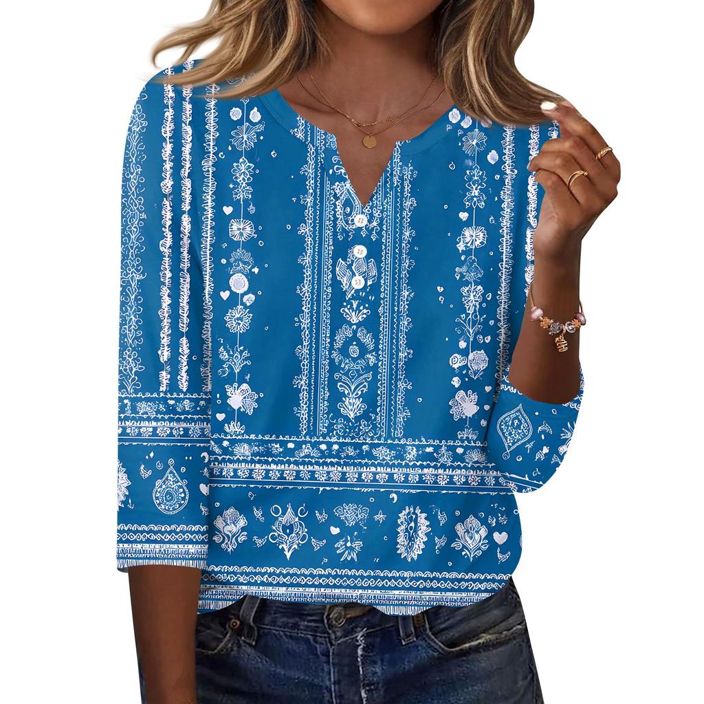 Damen T-Shirt mit Aufdruck, Knopfleiste, 3/4-Ärmel, für den Alltag, Wochenendmode, Basic, V-Ausschnitt, normales Oberteil