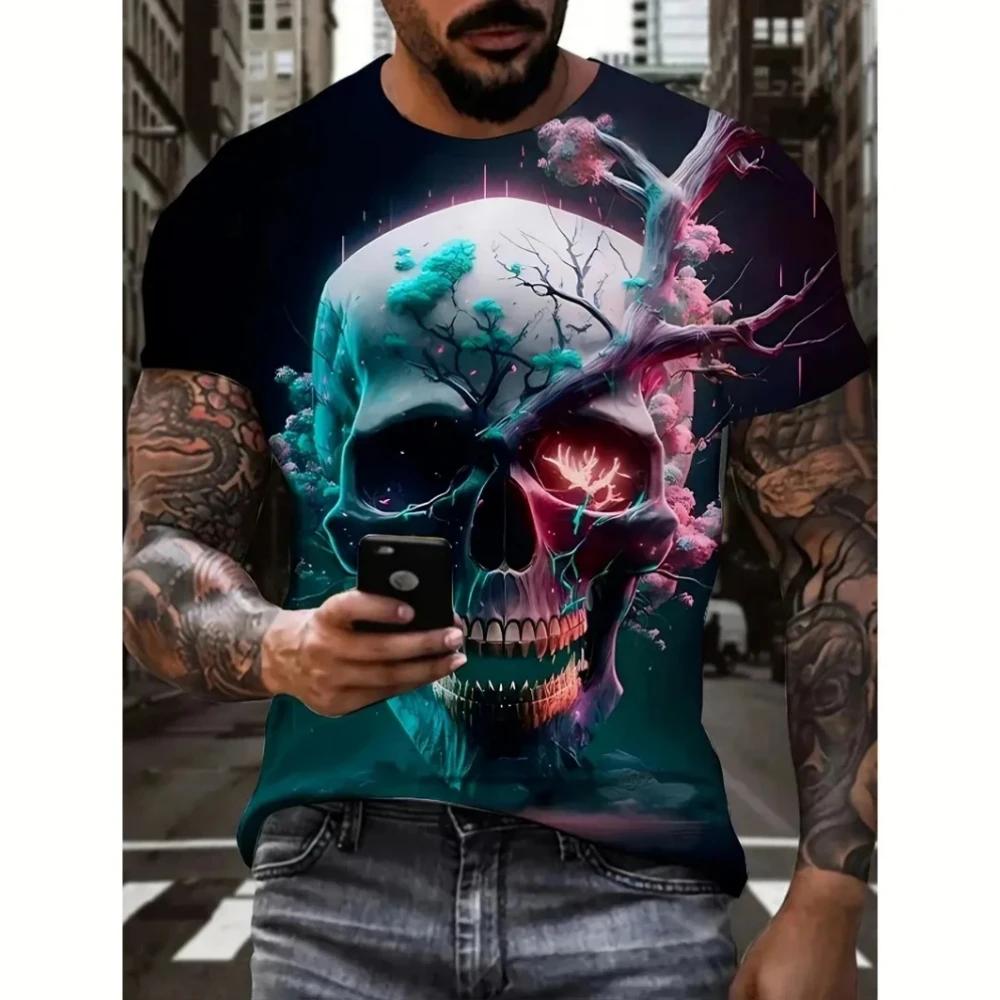 Summer Round Neck 3D Skull Graphic Print Top Fashionable Casual Short Sleeved Men's T-shirts