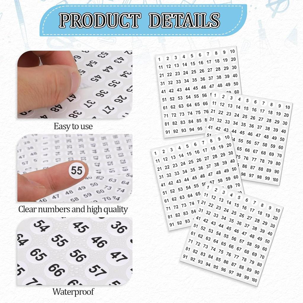 Consecutive Number Stickers - 1 to 100 Round Labels, Vinyl, Small (0.4inch), 50 Sheets - Inventory/Storage Organizing