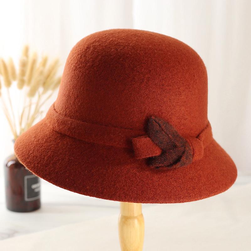 Nowy jesienno-zimowy kapelusz rybacki dla starszych kobiet, dekoracja z węzłem liściowym, damski brytyjski gruby ciepły wełniany kapelusz garnkowy