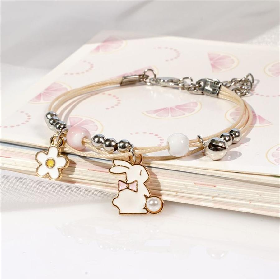 Korean Cute Cartoon Rabbit Flower Pendant Bracelets For Women Girls Fashion Charm Bell Butterfly Cat Bracelet Friendship Jewelry