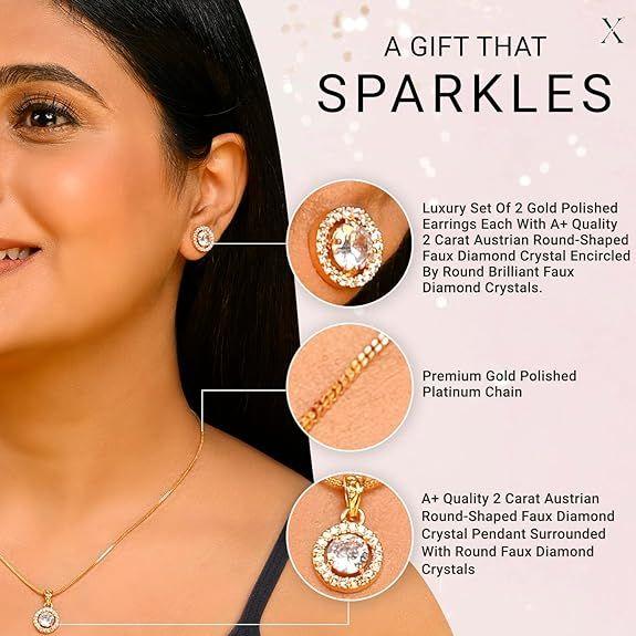 Jewelry Luxury Pendant Gift Set for Women, Girls & Her | Pendant with 2 Earrings, Option In 10 Different Color & Design with Gold Silver Princess Cut