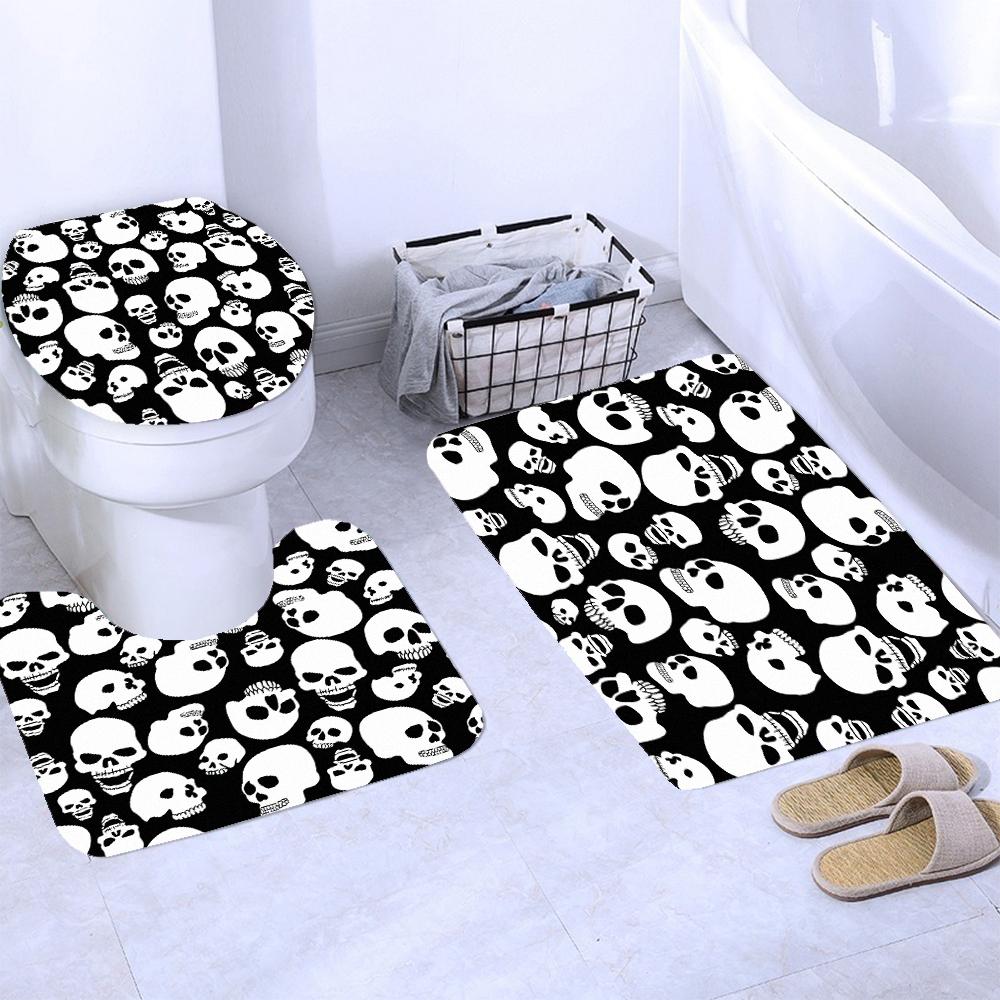 Black Skull Skeleton Printed Shower Curtain Set Horrible Halloween Festival Bathroom Decor Pedestal Rug Lid Carpet Toilet Cover